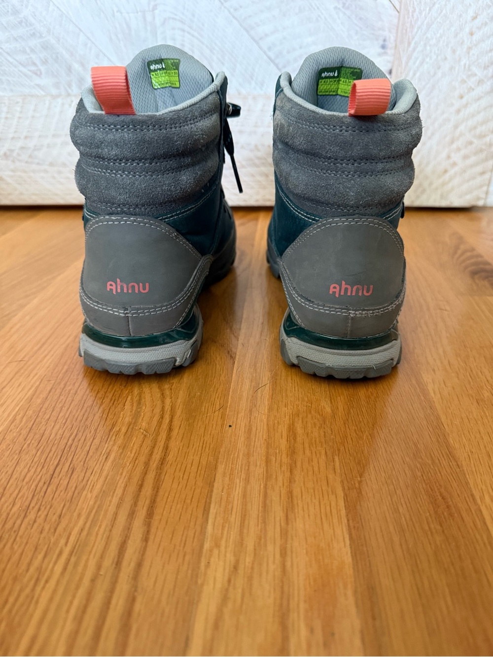 Ahnu Women’s Gray and Teal Waterproof Hiking Boots with Coral Accents